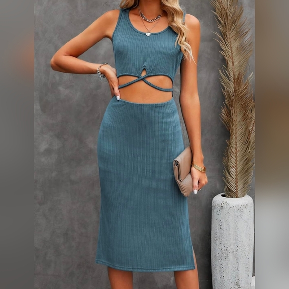 NWT Ribbed Criss-Cross Waist Cutout Midi Dress - Slate Blue Teal - Picture 5 of 11